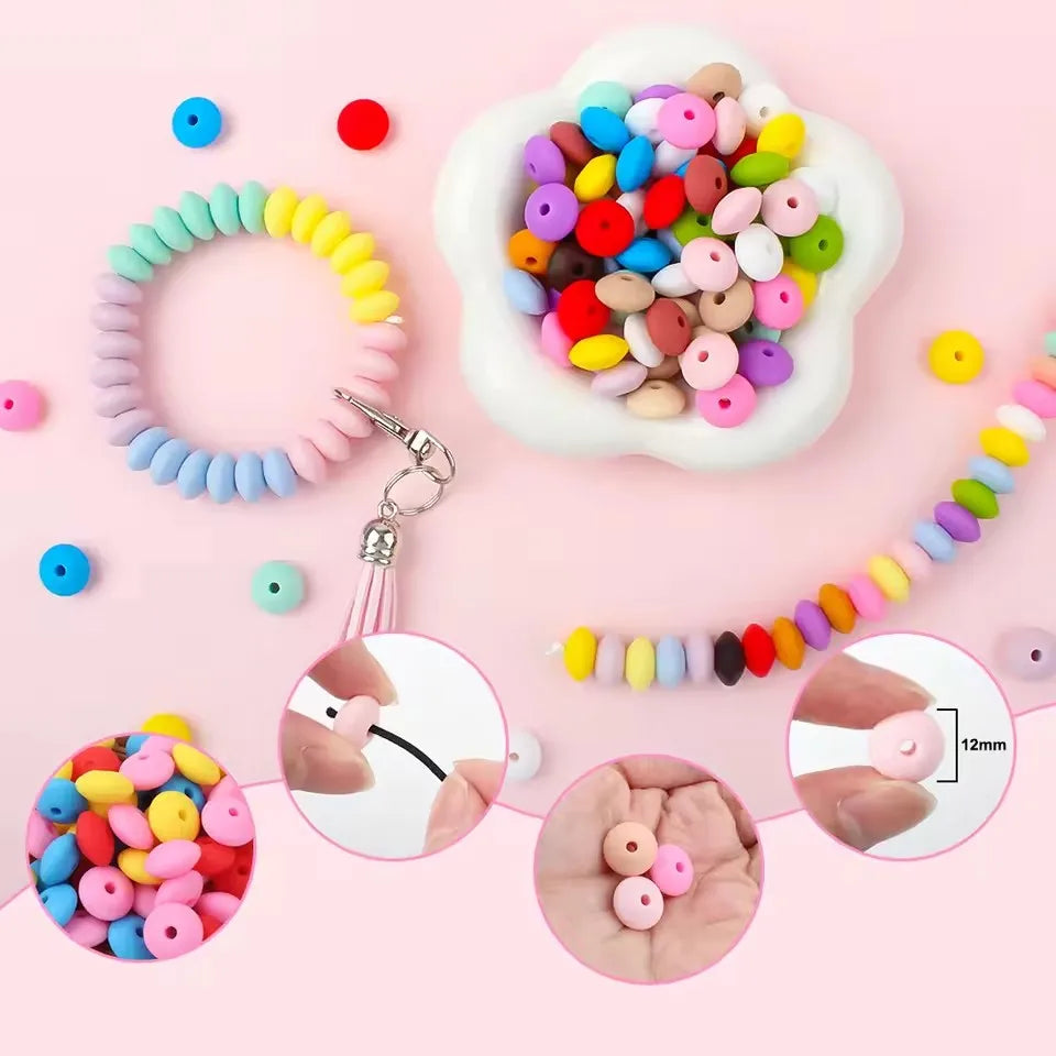 100/50/20Pcs 12mm Siilcone Beads Lentil Loose Spaced Bead for Jewelry Making DIY Beaded Bracelets Necklace Keychain Accessories