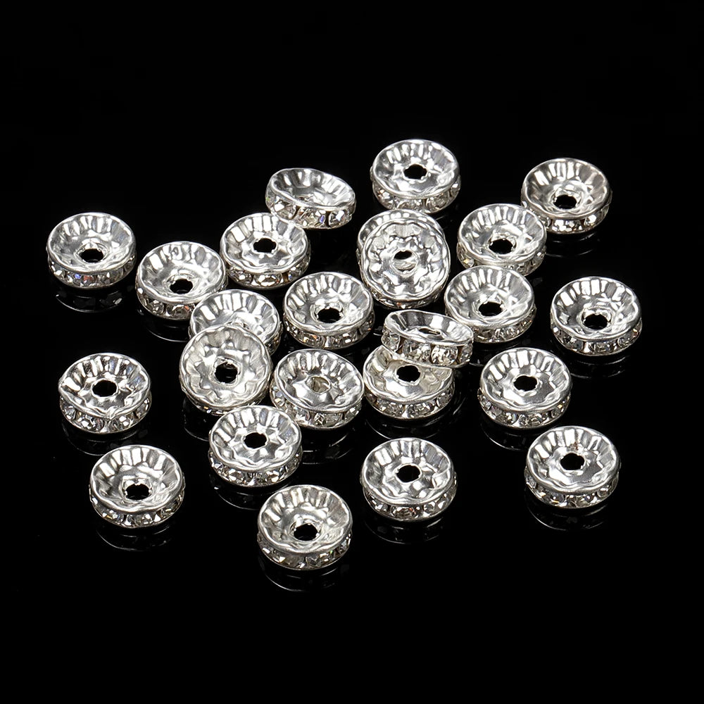 100pcs Silver Color Crystal Rhinestone Spacer Loose Beads for DIY Bracelet Necklace Jewelry Making - Bracelet Beads Components