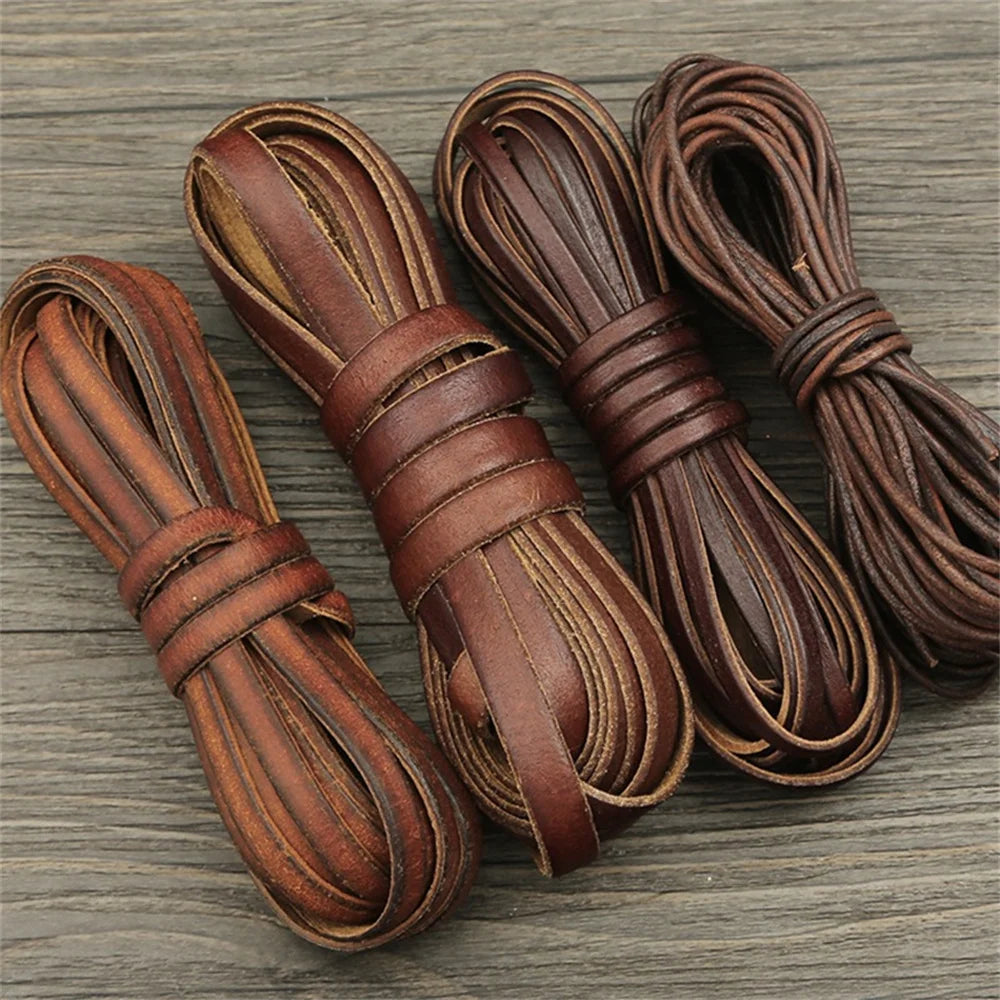 2m Vintage Cowhide Leather Cord Strip Round/Flat Rope String DIY Bracelet Necklace Braided Craft Jewelry Making Accessories