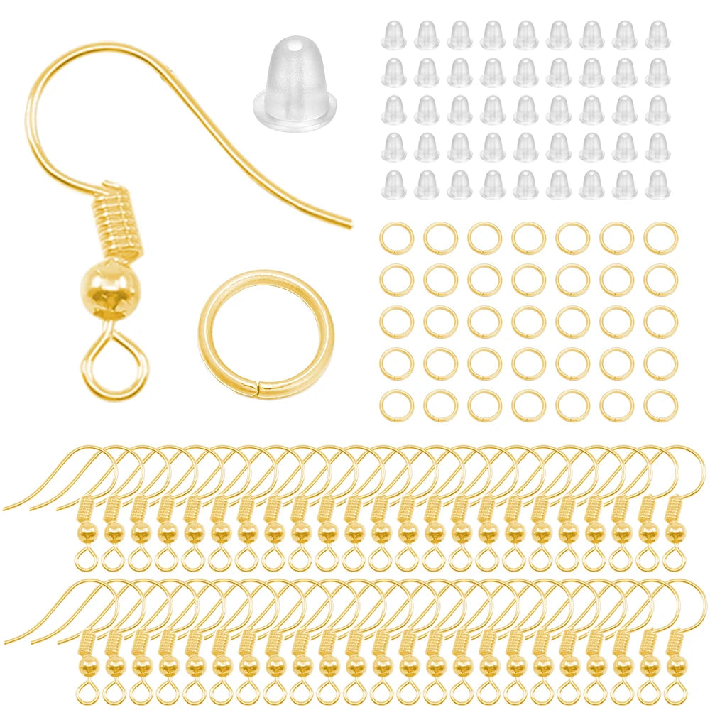 300pcs Hypoallergenic Earring Hook Kit Mix-color Ear Wires Fish Hooks Open Jump Rings Earplugs For DIY Jewelry Making