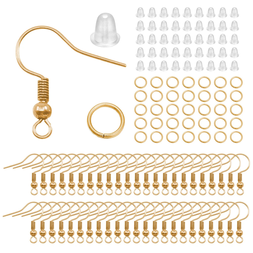 300pcs Hypoallergenic Earring Hook Kit Mix-color Ear Wires Fish Hooks Open Jump Rings Earplugs For DIY Jewelry Making