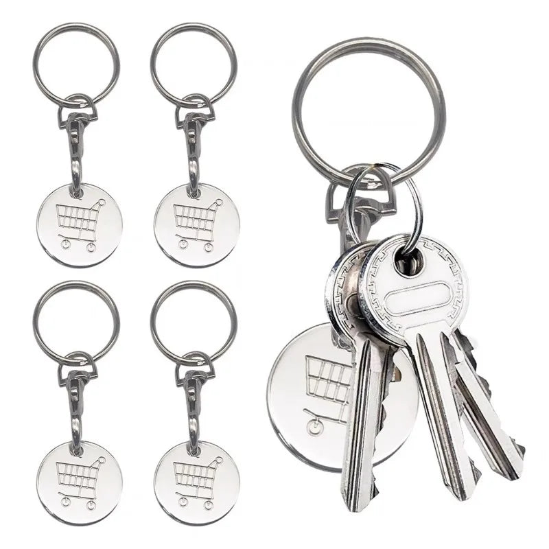 1/6Pcs Trolley Tokens Keychains Universal Small Metal Stainless Steel Portable Shopping Cart Tokens Key Ring Ornament Decoration
