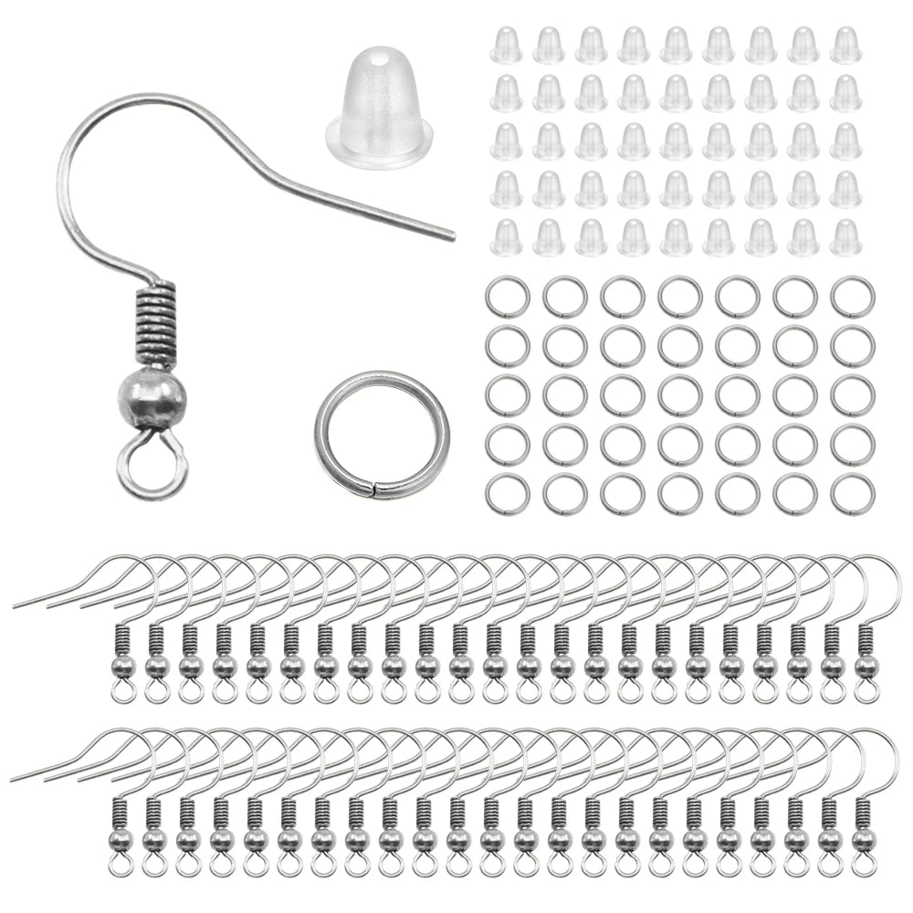 300pcs Hypoallergenic Earring Hook Kit Mix-color Ear Wires Fish Hooks Open Jump Rings Earplugs For DIY Jewelry Making