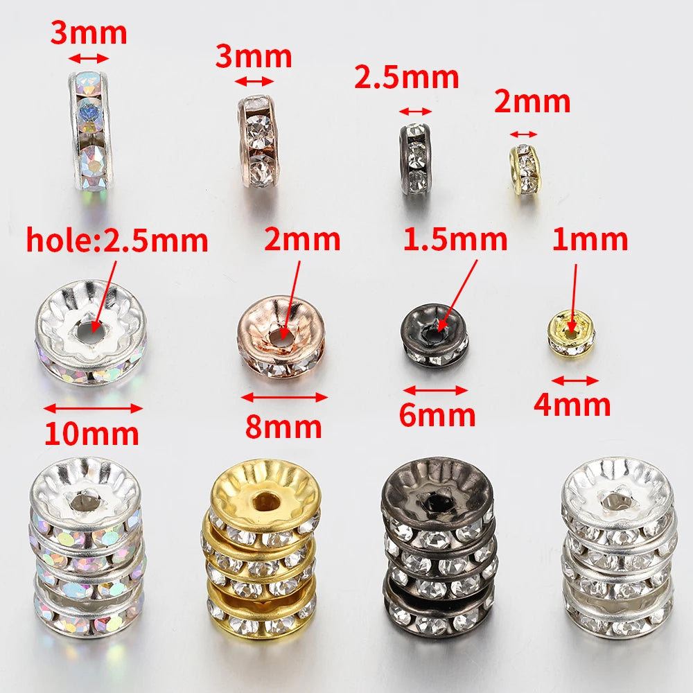 100pcs Silver Color Crystal Rhinestone Spacer Loose Beads for DIY Bracelet Necklace Jewelry Making - Bracelet Beads Components