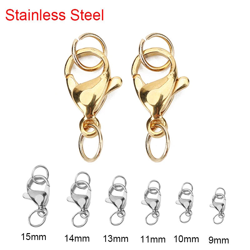 20sets PVD Never Fade Stainless Steel Lobster Clasps With Jump Rings 9 10 12 14 15 mm End Hook Connectors For Diy Jewelry Making
