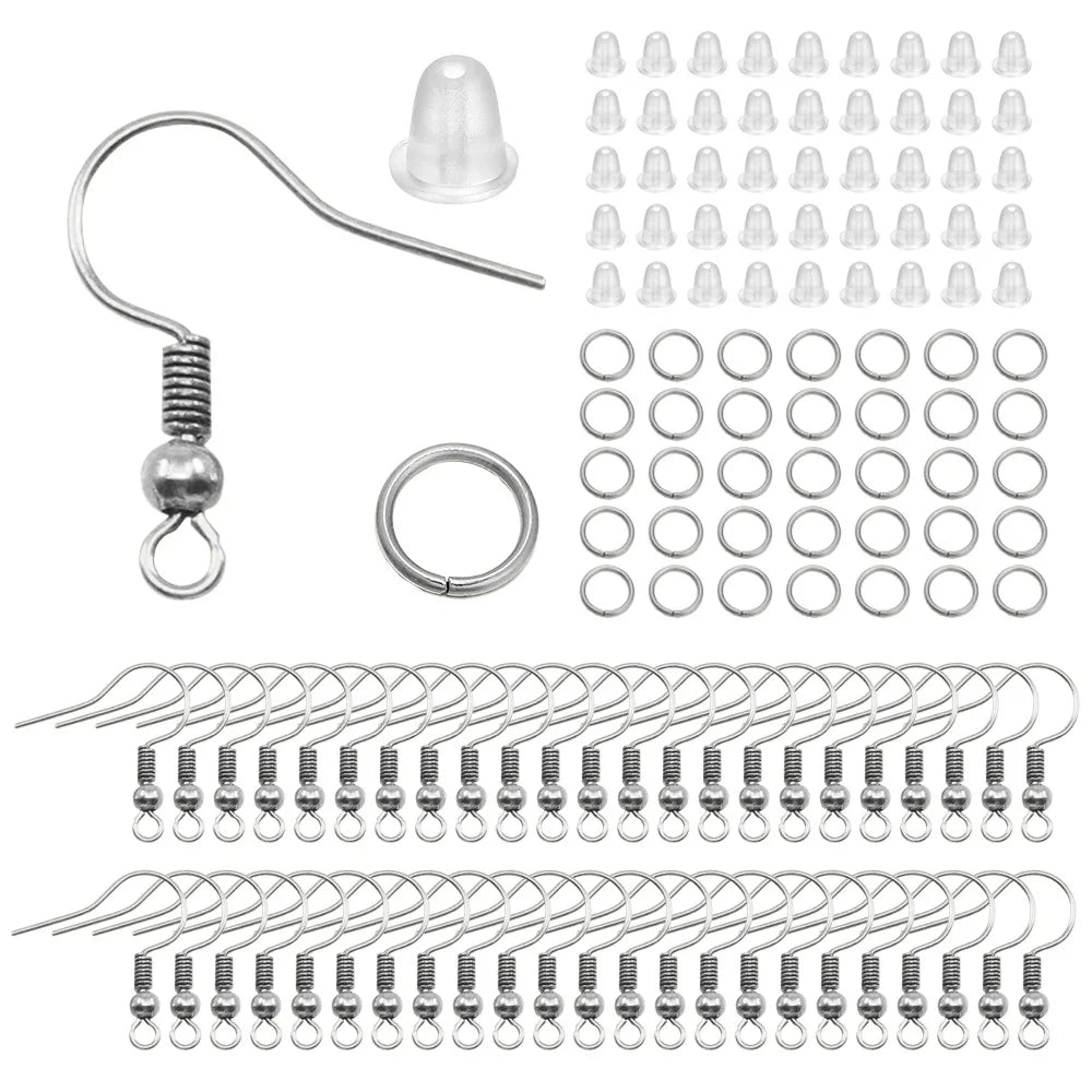 300pcs Hypoallergenic Earring Hook Kit Mix-color Ear Wires Fish Hooks Open Jump Rings Earplugs For DIY Jewelry Making