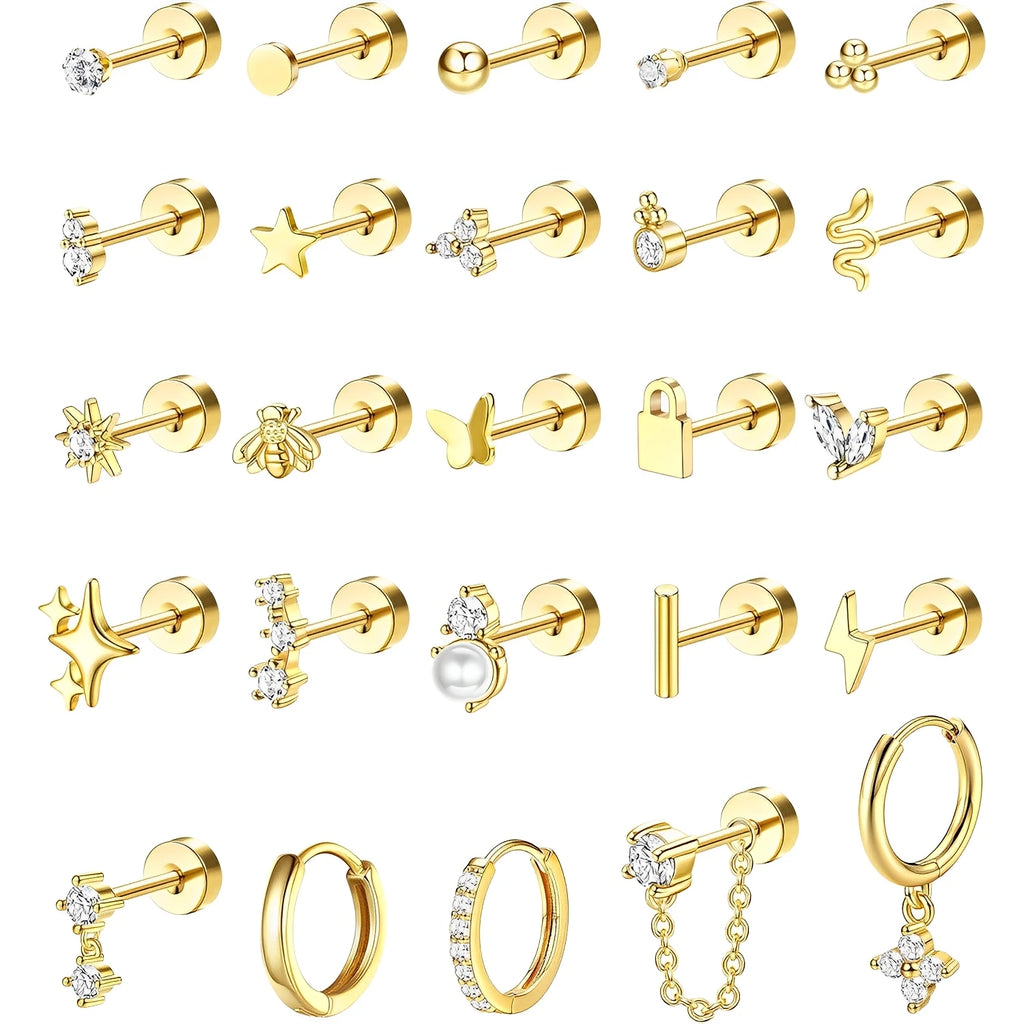 Bobisty 1pc Earrings Surgical Stainless Steel Earrings for Women Dainty Flat Back Earring Stud Hoop Cartilage for Sensitive Ears