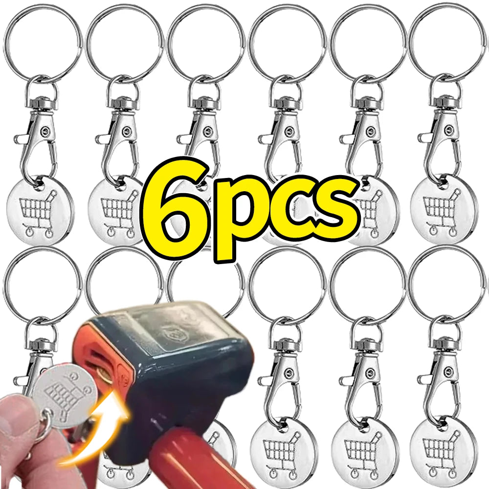 1/6Pcs Trolley Tokens Keychains Universal Small Metal Stainless Steel Portable Shopping Cart Tokens Key Ring Ornament Decoration