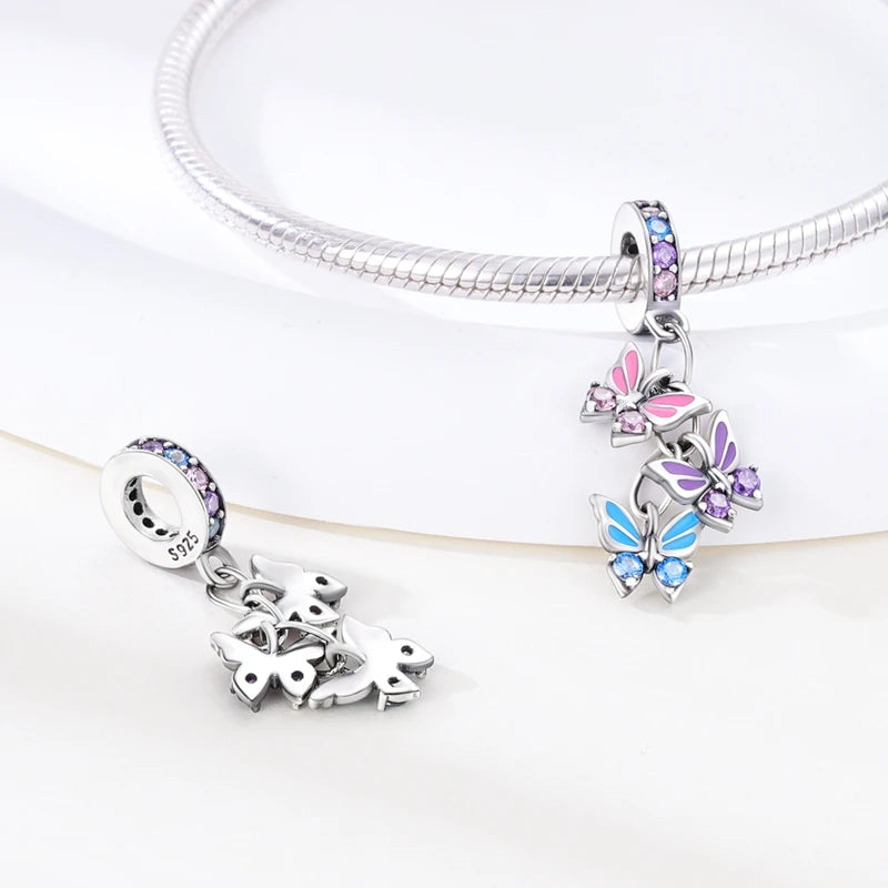 Original 925 Sterling Silver Pink Series Charms Beads Bow Perfume Bottle Heart-Shaped Cross Pendant Fit Bracelet DIY Jewelry